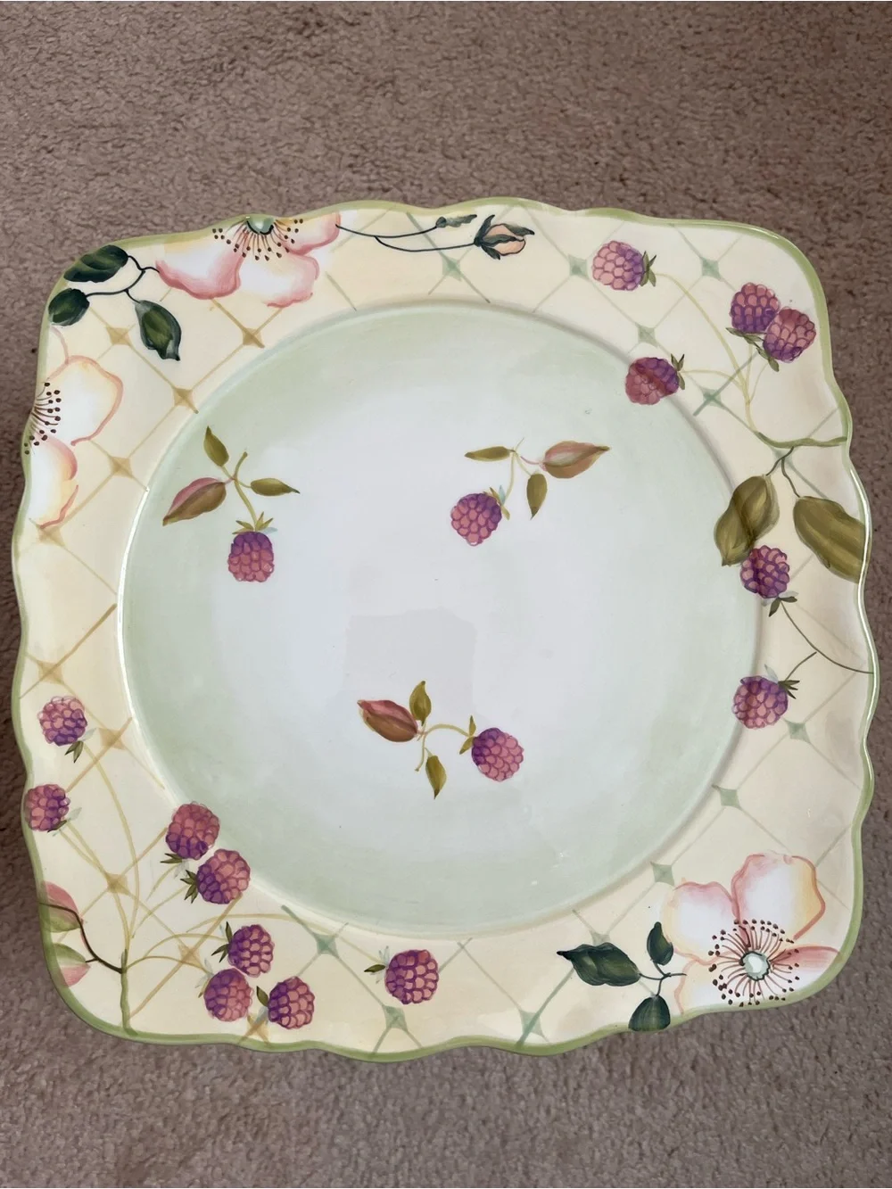 Tracy Porter Evelyn Collect Square Pedestal Cake Stand Hand Painted Raspberries